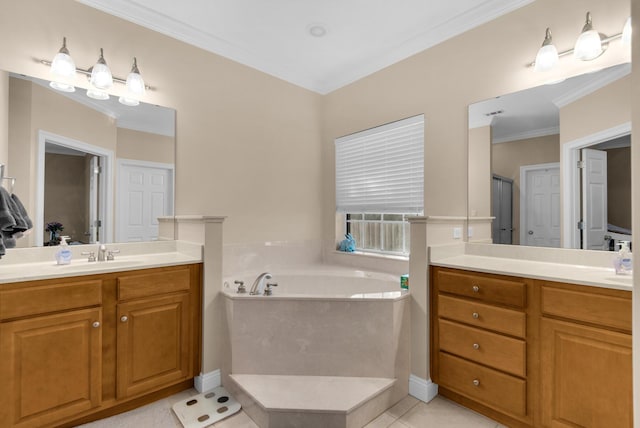 bathroom featuring a bath, two vanities, tile patterned floors, crown molding, and a sink