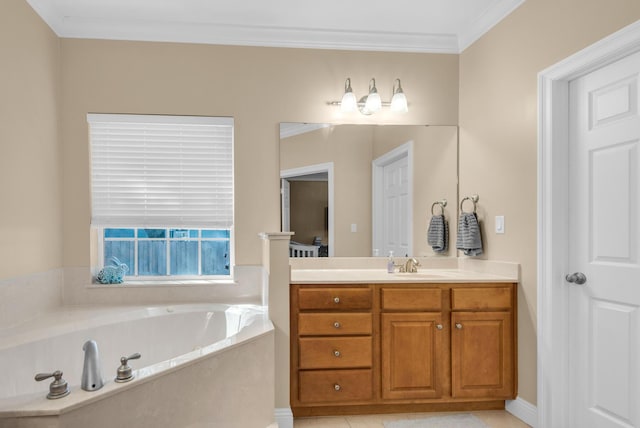 full bath featuring a garden tub, ornamental molding, and vanity