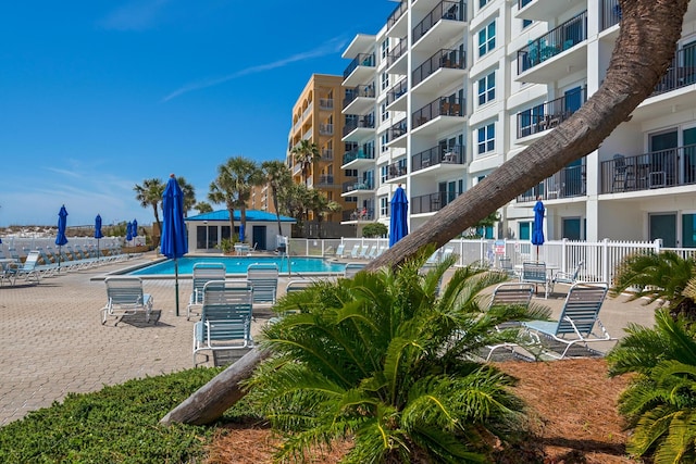 view of swimming pool featuring a patio