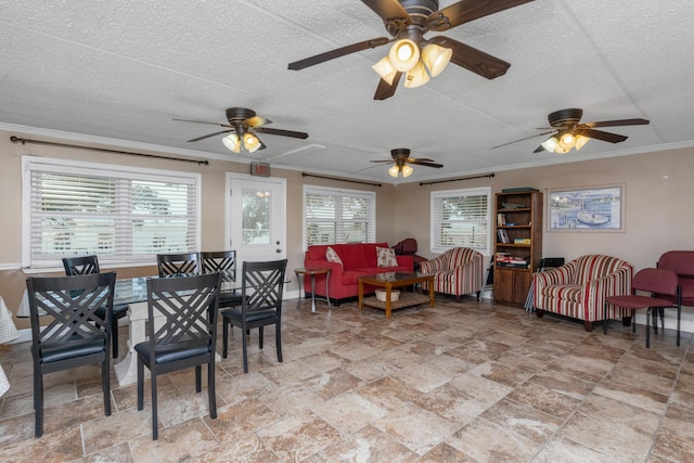 interior space featuring a textured ceiling and crown molding