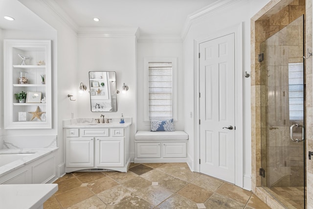 bathroom with walk in shower, ornamental molding, built in shelves, and vanity