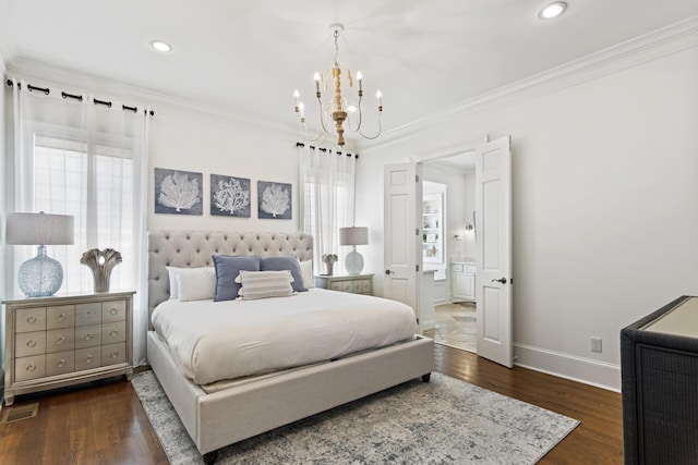 bedroom featuring multiple windows, ornamental molding, and dark hardwood / wood-style flooring