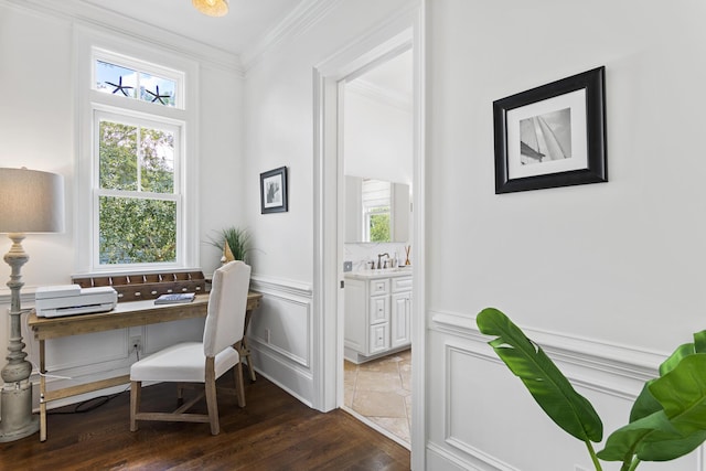 office space featuring crown molding, dark hardwood / wood-style floors, and sink