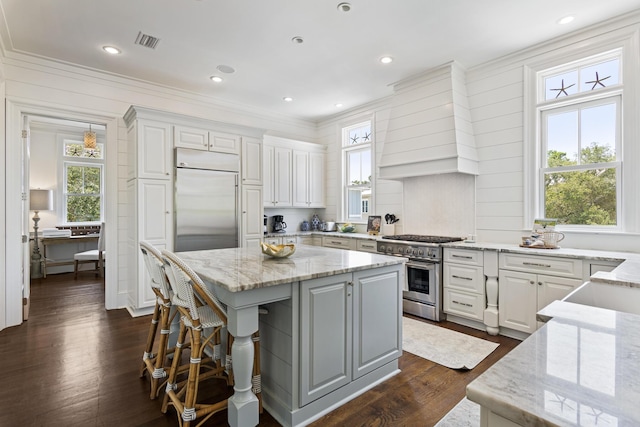 kitchen with a kitchen island, light stone countertops, white cabinets, and premium appliances