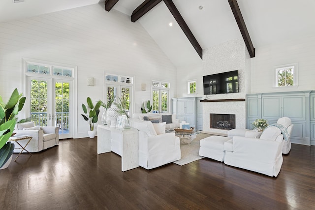 living room with dark wood-type flooring, french doors, high vaulted ceiling, beamed ceiling, and a fireplace