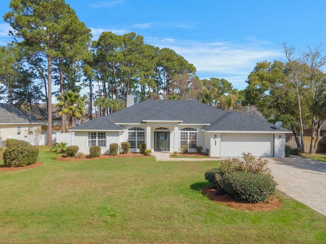 ranch-style house featuring a garage and a front lawn