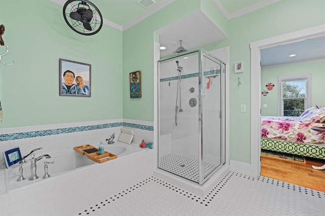 bathroom featuring tile patterned floors, plus walk in shower, and crown molding