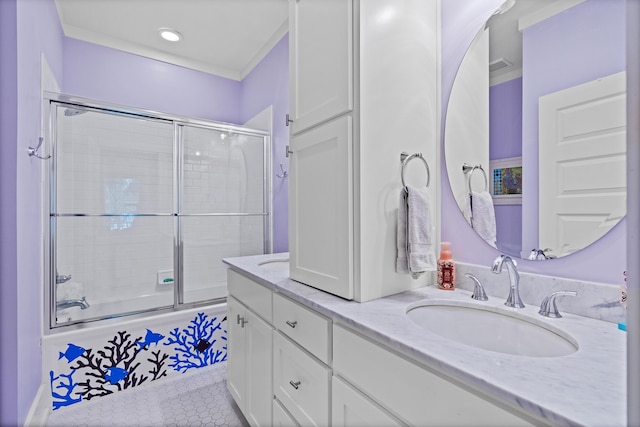 bathroom featuring vanity, crown molding, and enclosed tub / shower combo