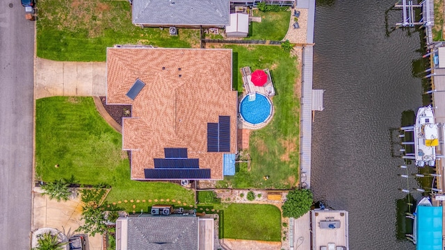 aerial view featuring a water view