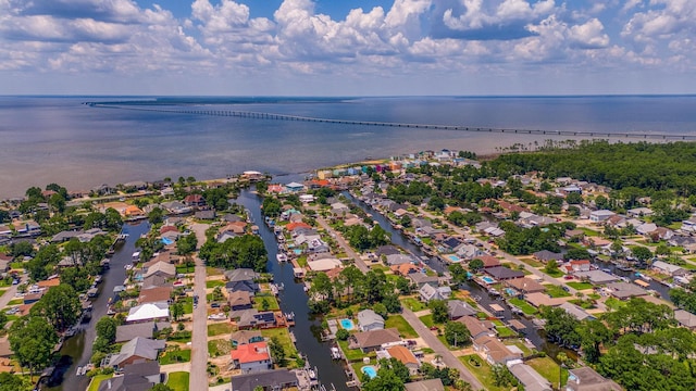 aerial view featuring a residential view and a water view