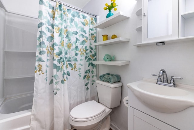 full bathroom with toilet, shower / tub combo, and vanity