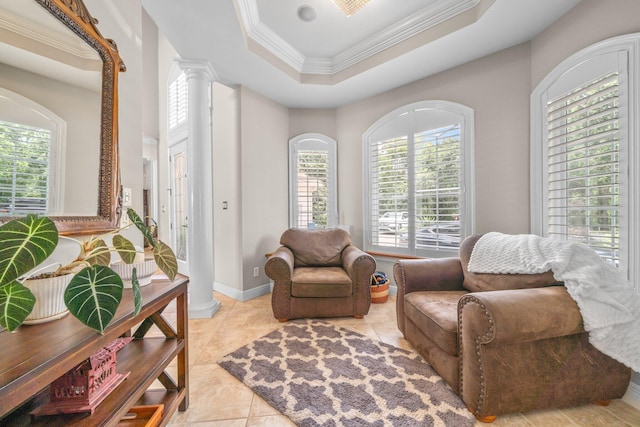 503 Regatta Bay Blvd, Destin, FL 32541 - living area with ornamental molding, a raised ceiling, decorative columns, and light tile patterned flooring