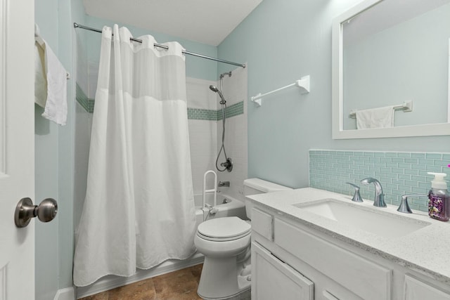 full bathroom featuring vanity, tasteful backsplash, toilet, and shower / bath combo