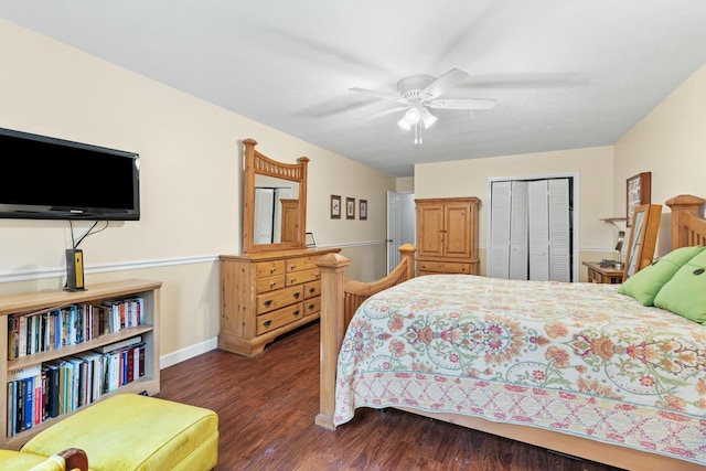 bedroom featuring ceiling fan, dark hardwood / wood-style floors, and a closet