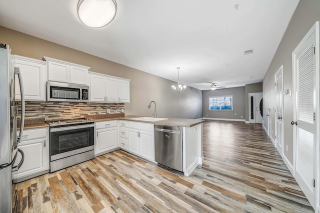 kitchen with sink, hanging light fixtures, appliances with stainless steel finishes, kitchen peninsula, and white cabinets