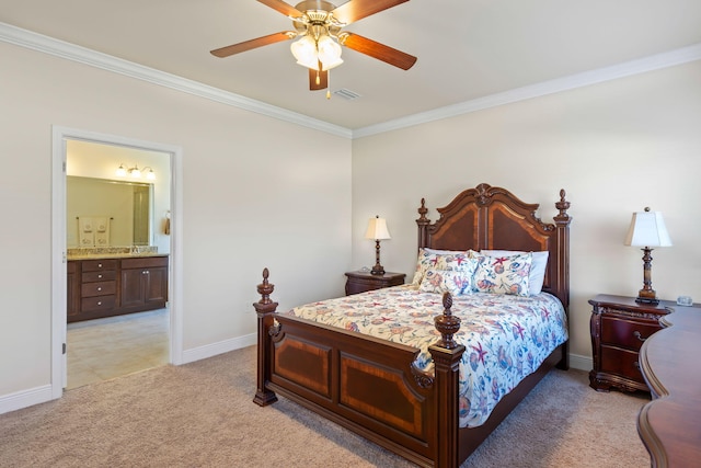 1729 Waterford Sound Blvd, Gulf Breeze, FL 32563 - bedroom with ensuite bathroom, sink, crown molding, ceiling fan, and light colored carpet