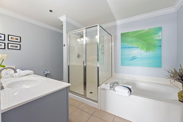 bathroom featuring vanity, crown molding, tile patterned floors, and plus walk in shower