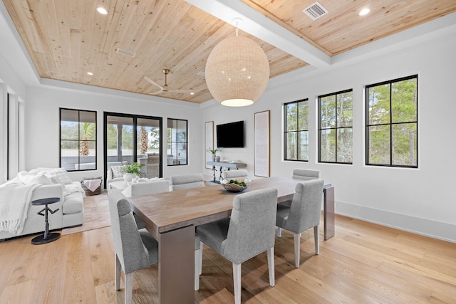 dining area featuring beam ceiling, light hardwood / wood-style floors, and wooden ceiling