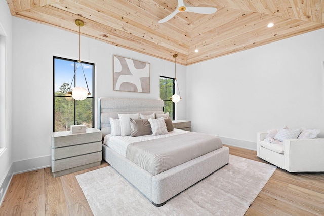 bedroom with hardwood / wood-style floors and wood ceiling