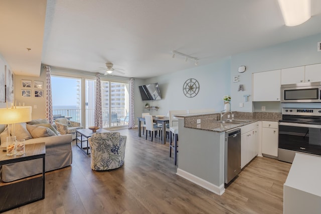 kitchen with hardwood / wood-style floors, sink, white cabinets, kitchen peninsula, and stainless steel appliances