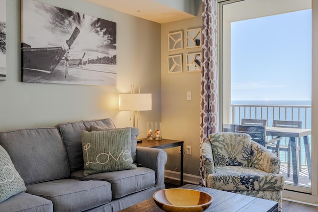 living room featuring a water view and hardwood / wood-style flooring