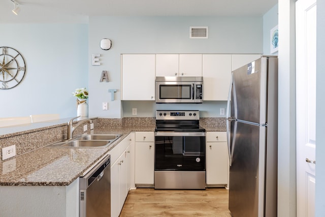 kitchen featuring sink, stainless steel appliances, white cabinets, stone countertops, and light wood-type flooring