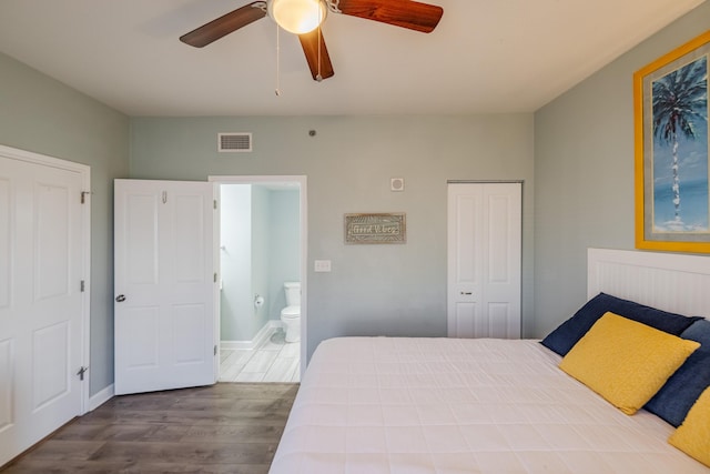 bedroom featuring ceiling fan, hardwood / wood-style floors, and a closet