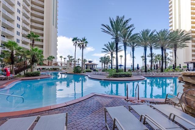 view of swimming pool with a patio