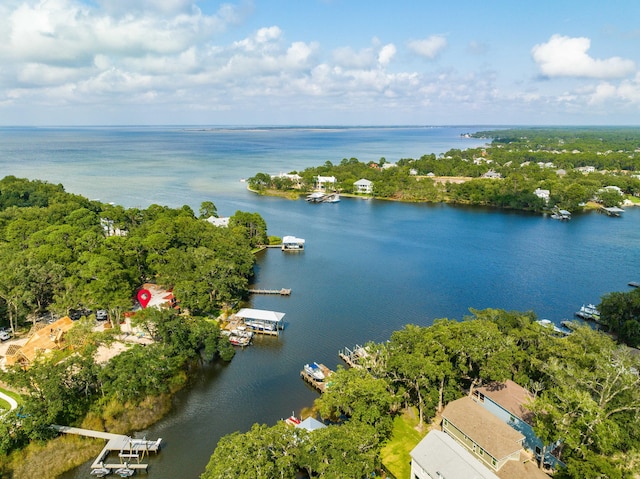 drone / aerial view featuring a water view