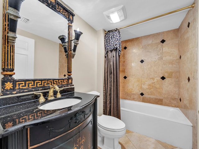 full bath featuring visible vents, toilet, tile patterned flooring, shower / bath combination with curtain, and vanity