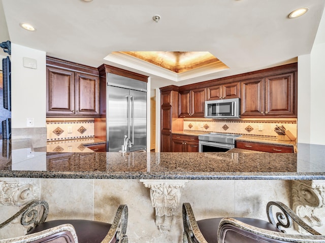 kitchen with dark stone countertops, a peninsula, a tray ceiling, stainless steel appliances, and a kitchen bar