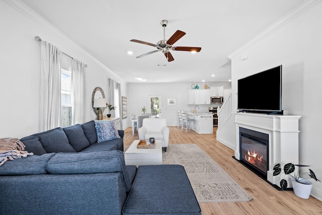 living room with crown molding, sink, ceiling fan, and light hardwood / wood-style flooring