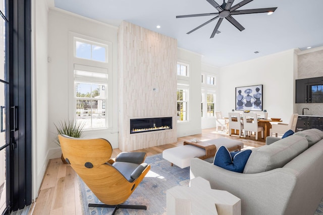 living room with crown molding, ceiling fan, a fireplace, and light hardwood / wood-style flooring