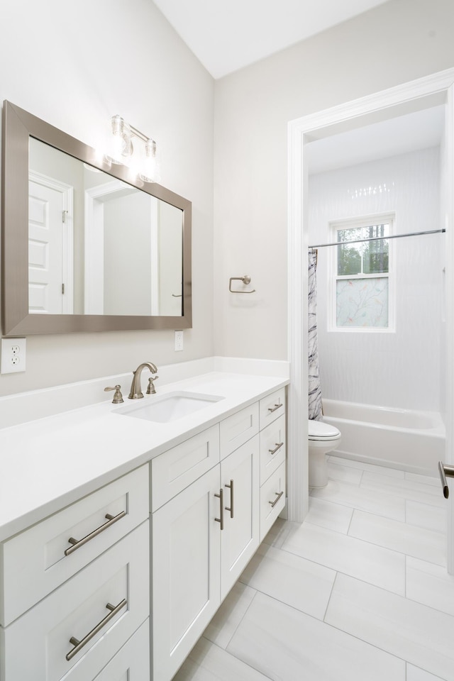 full bathroom with vanity, tile patterned floors, toilet, and shower / tub combo with curtain