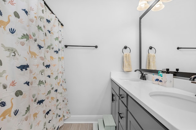 bathroom with double vanity, wood finished floors, a sink, and baseboards