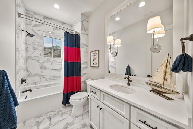 full bathroom featuring vanity, shower / tub combo, and toilet