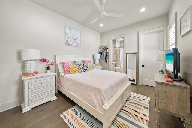 bedroom featuring ceiling fan and dark hardwood / wood-style flooring