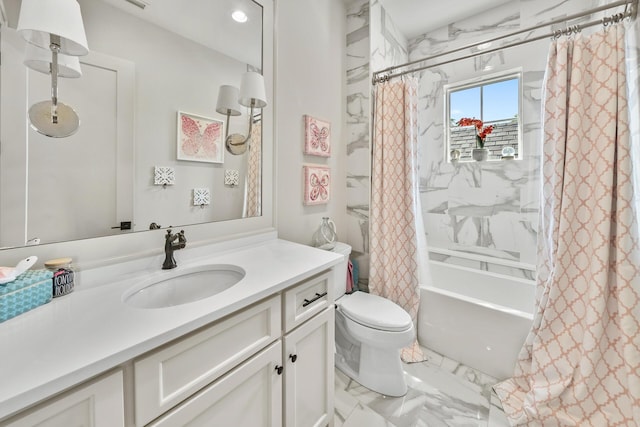 full bathroom with shower / tub combo, vanity, and toilet