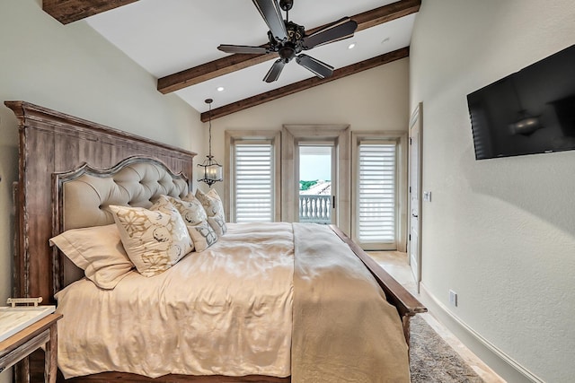 bedroom featuring vaulted ceiling with beams, ceiling fan, and access to outside