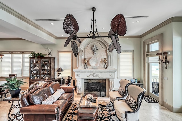 living room with crown molding