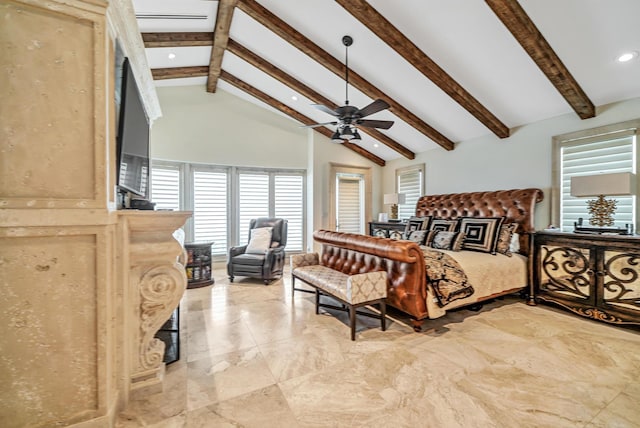 bedroom featuring beam ceiling, ceiling fan, and high vaulted ceiling