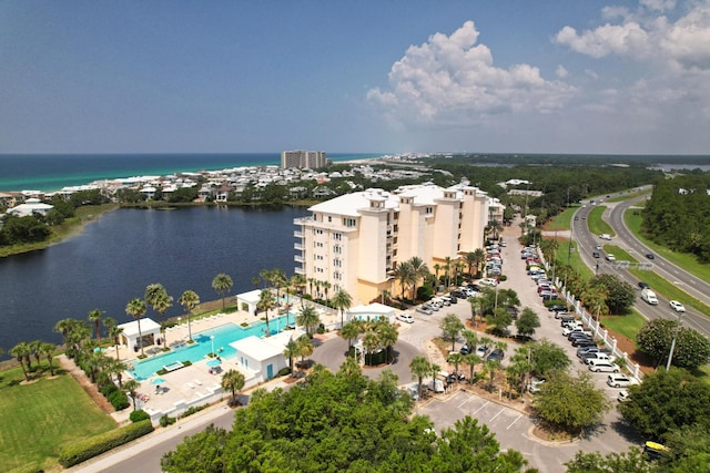 bird's eye view with a water view