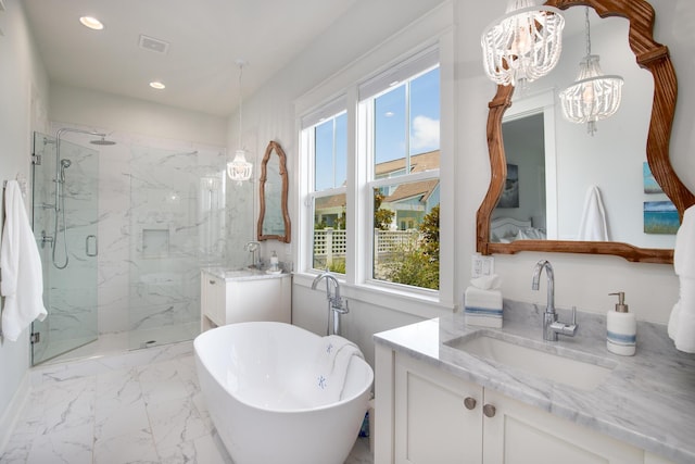 full bathroom with a marble finish shower, visible vents, recessed lighting, marble finish floor, and vanity