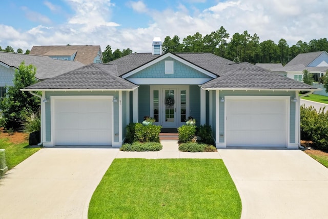 ranch-style home with driveway, french doors, a garage, and roof with shingles