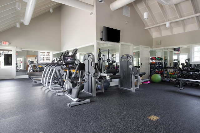 workout area featuring high vaulted ceiling