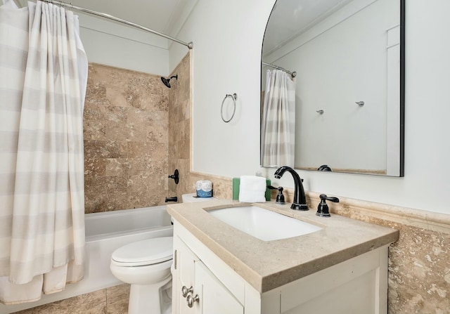 139 Brown St, Santa Rosa Beach, FL 32459 - full bathroom featuring vanity, toilet, shower / bath combo with shower curtain, and tile walls