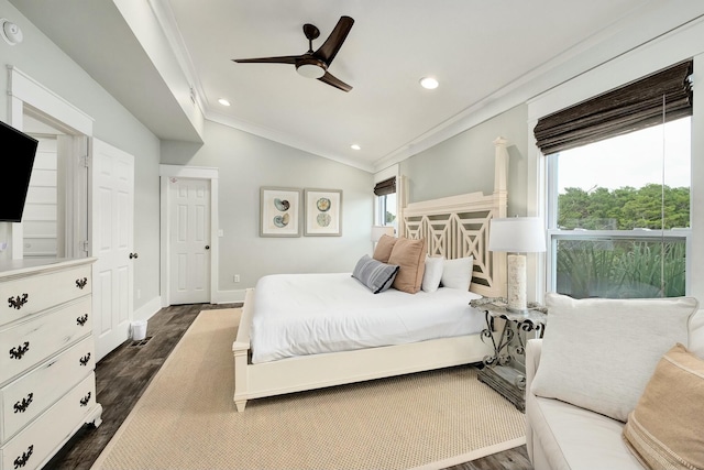 139 Brown St, Santa Rosa Beach, FL 32459 - bedroom featuring dark wood-type flooring, vaulted ceiling, ornamental molding, and ceiling fan
