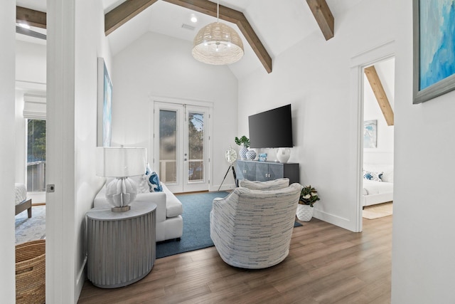 living room with french doors, wood-type flooring, beam ceiling, and high vaulted ceiling