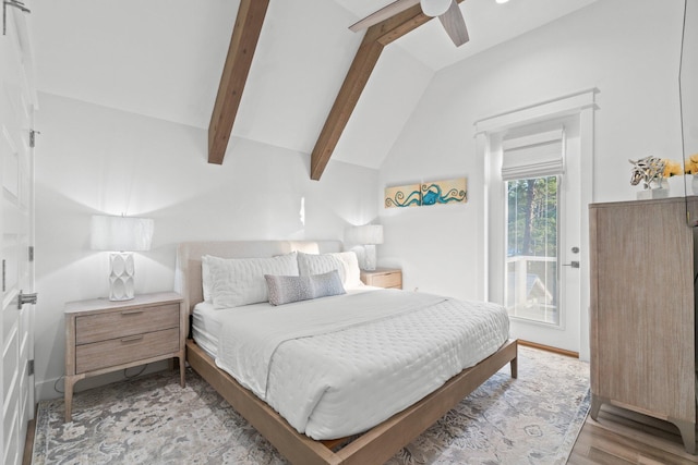 bedroom with vaulted ceiling with beams, access to outside, light hardwood / wood-style floors, and ceiling fan