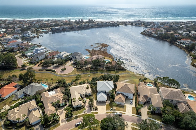 drone / aerial view featuring a water view